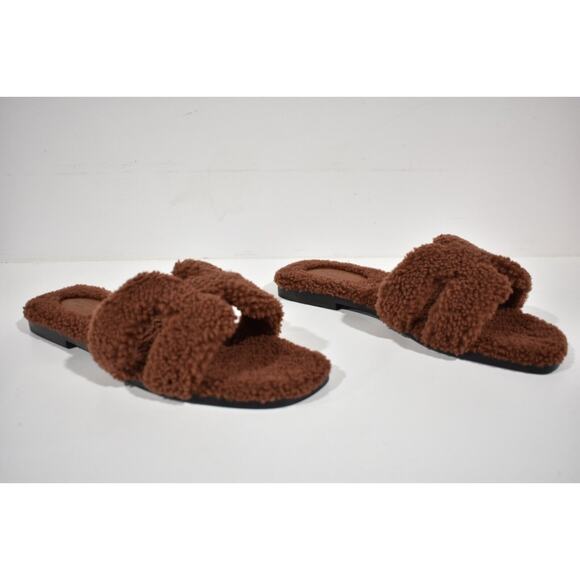 Hermes Oran Teddy Shearling Fur Brown H Logo Slide Sandal Mule Flat Flip Flop 38 - Picture 4 of 12